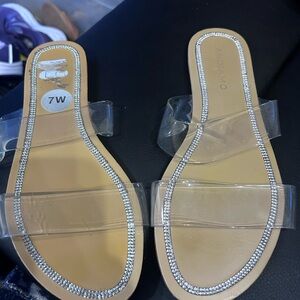 Tan Sandals with Clear Straps and Rhinestones